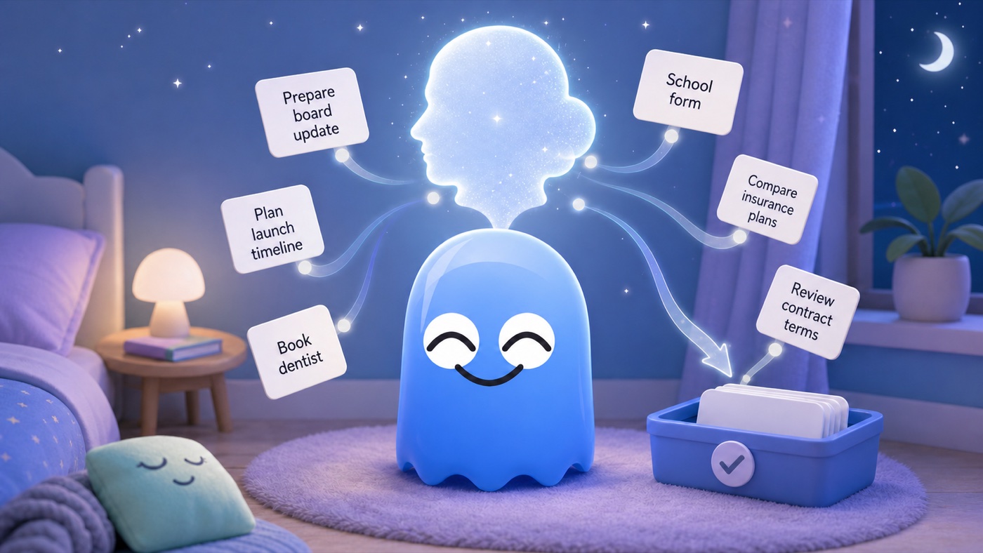 Boo placing bedtime thoughts into a calm collection of tasks, reminders, and notes
