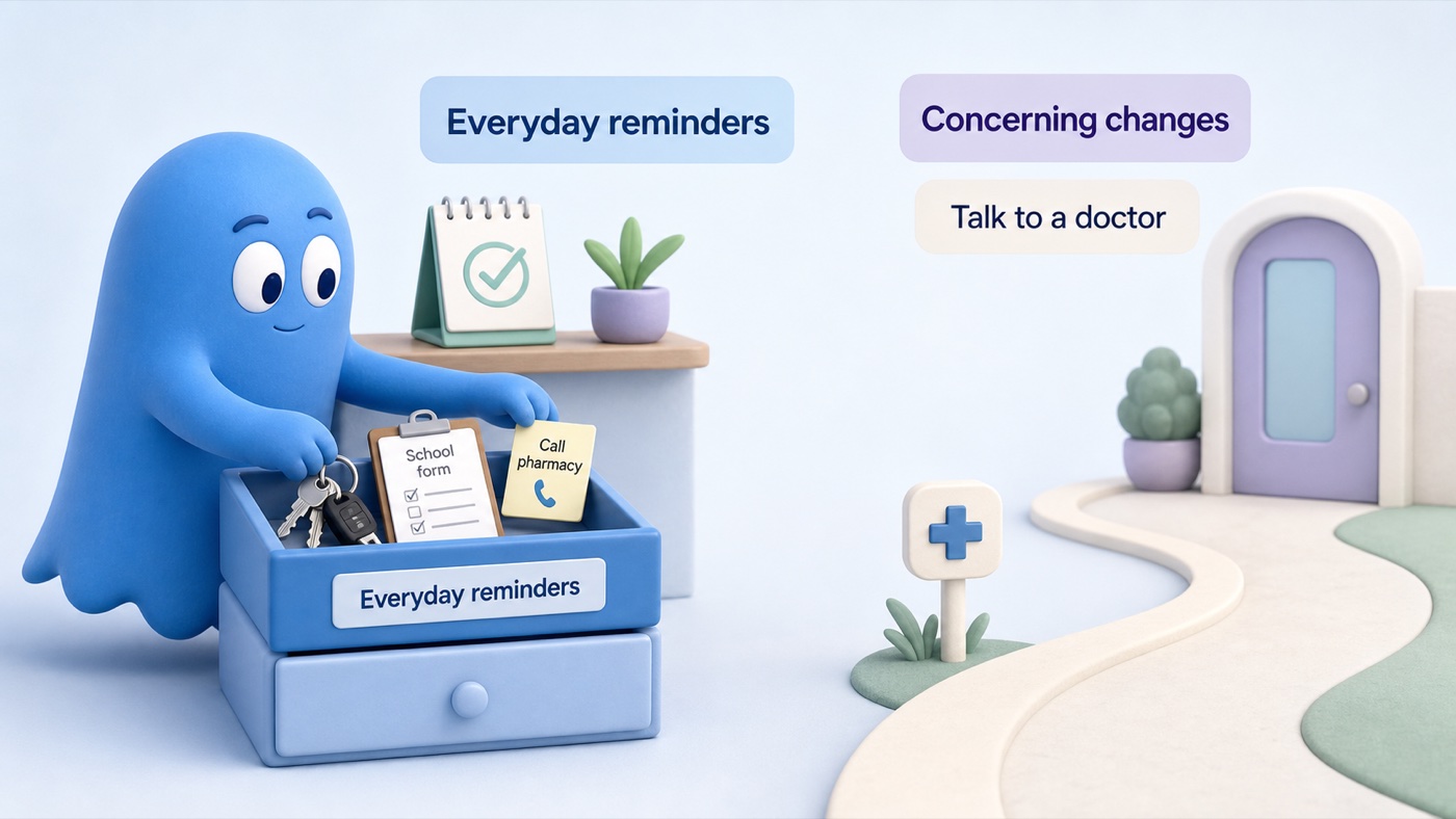 Boo using a reminder system beside a clear boundary directing concerning memory changes to a clinician
