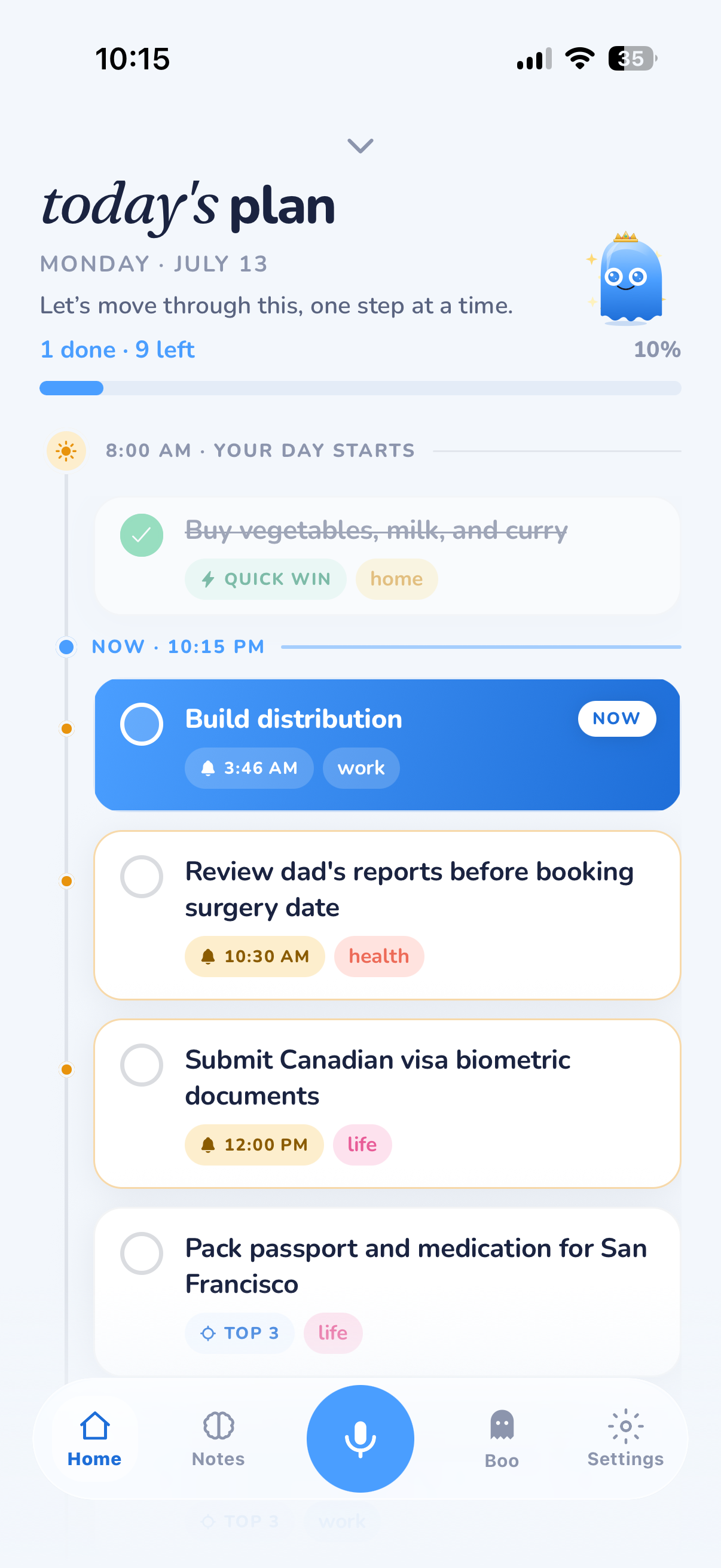 The real MyOffload Plan My Day screen with a completed quick win, a current task, and later tasks