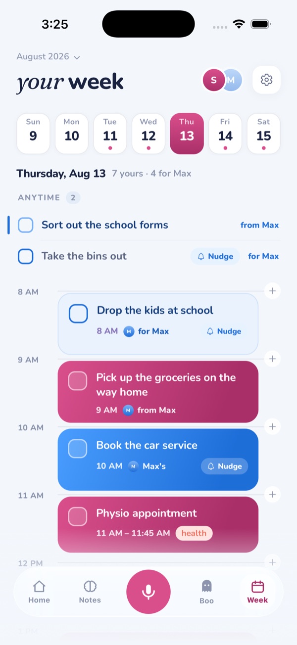MyOffload Shared calendar with tasks from Max, tasks for Max, Nudge actions, and timed responsibilities