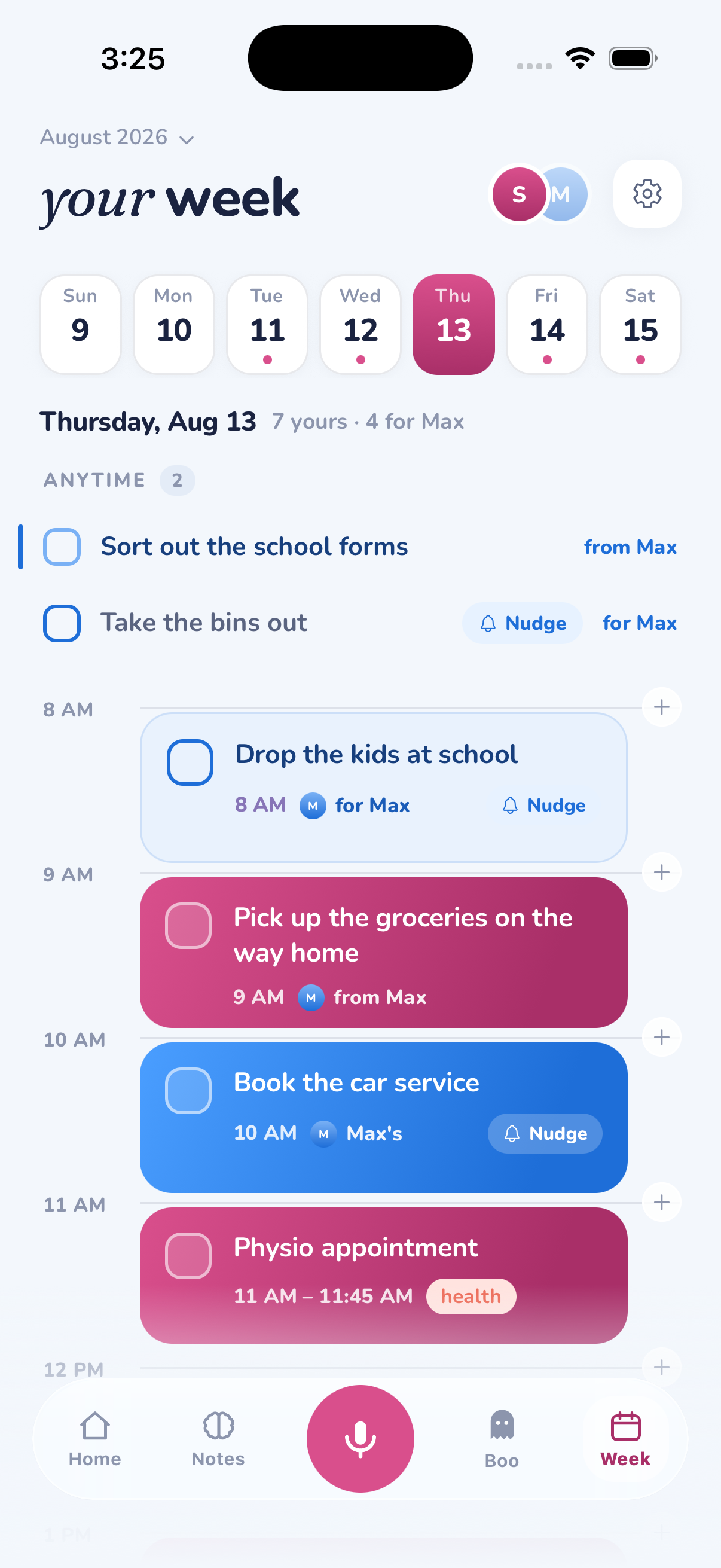 MyOffload Shared calendar showing tasks for both partners