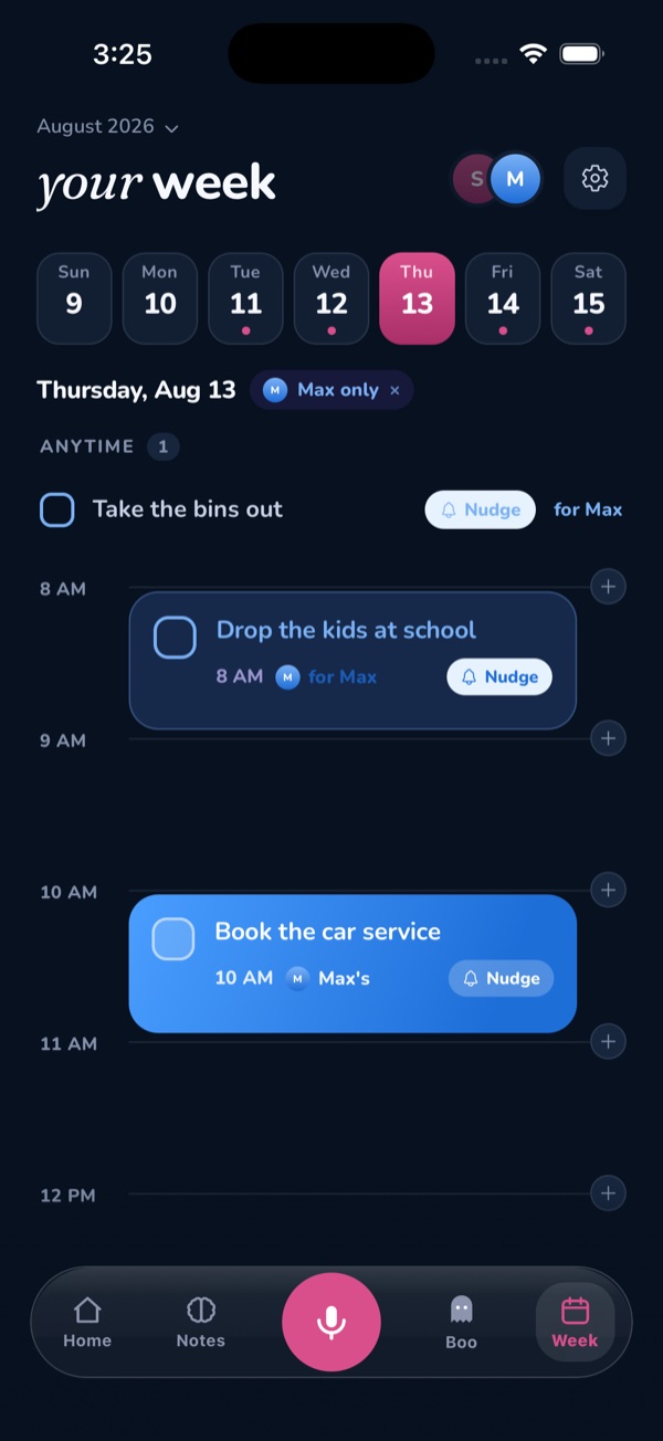 MyOffload dark Shared calendar filtered to show only Max's agreed tasks