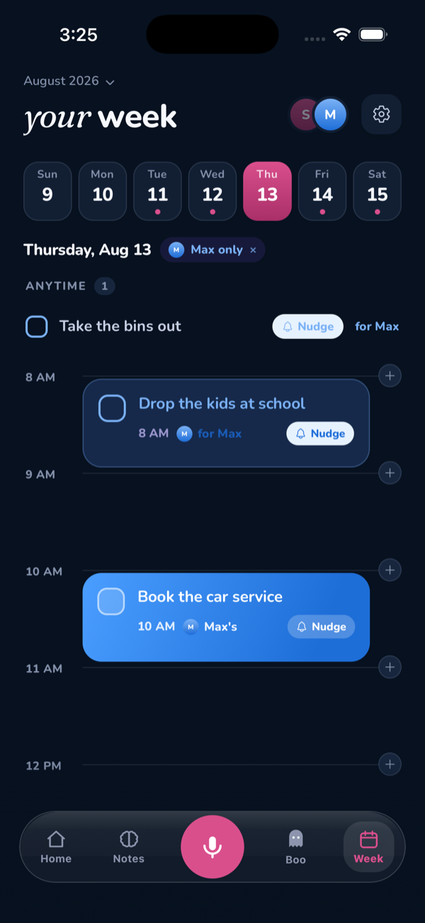 MyOffload Shared calendar showing tasks assigned to Max