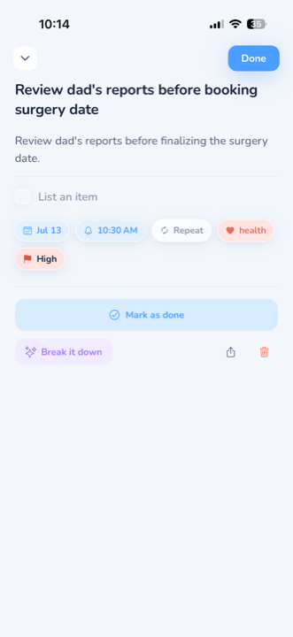 The task detail screen: a spoken date turned into a real due date and reminder